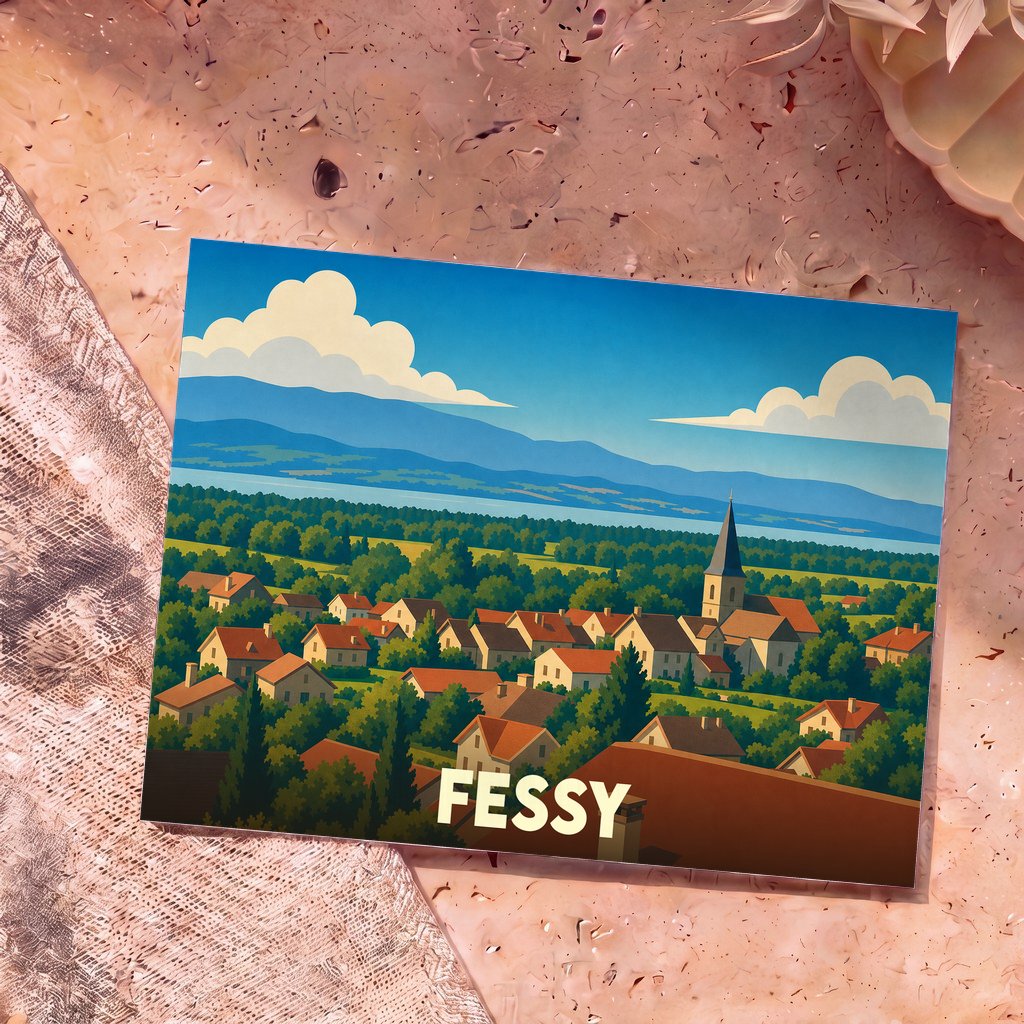 Carte postale souvenir de la ville de Fessy avec une illustration stylisée de son paysage et de son église.