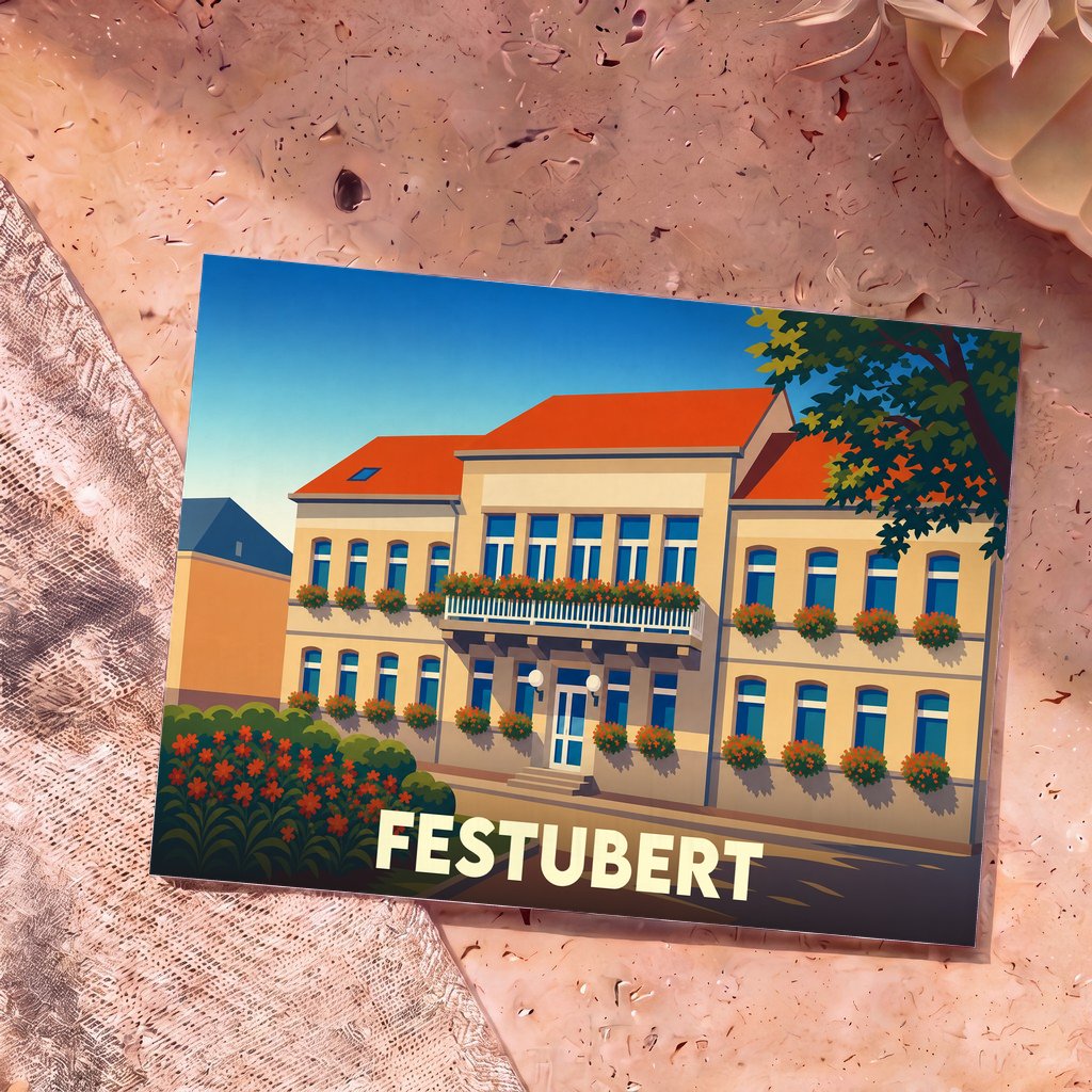 Carte postale souvenir de la ville de Festubert avec une illustration stylisée de sa mairie fleurie.