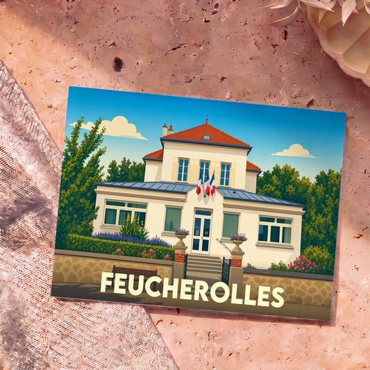Carte postale souvenir de la ville de Feucherolles avec une illustration stylisée de sa mairie.