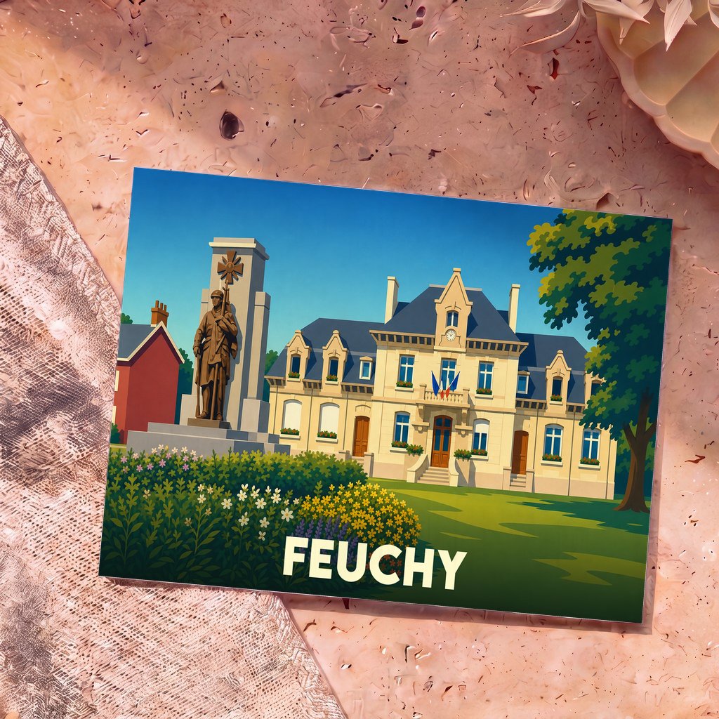 Carte postale souvenir de la ville de Feuchy avec une illustration stylisée de sa mairie et de son monument aux morts.