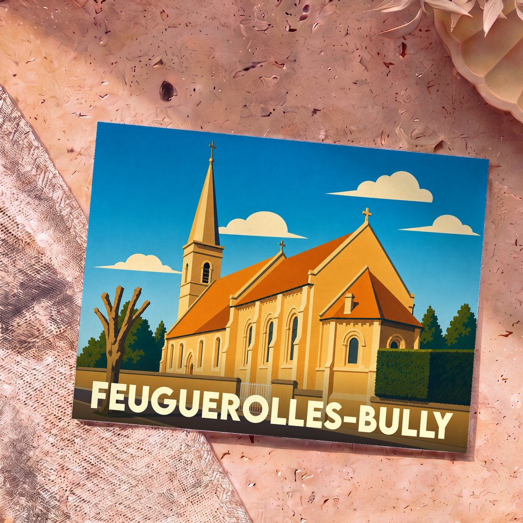 Carte postale souvenir de la ville de Feuguerolles-Bully avec une illustration stylisée de son église sous un ciel bleu.