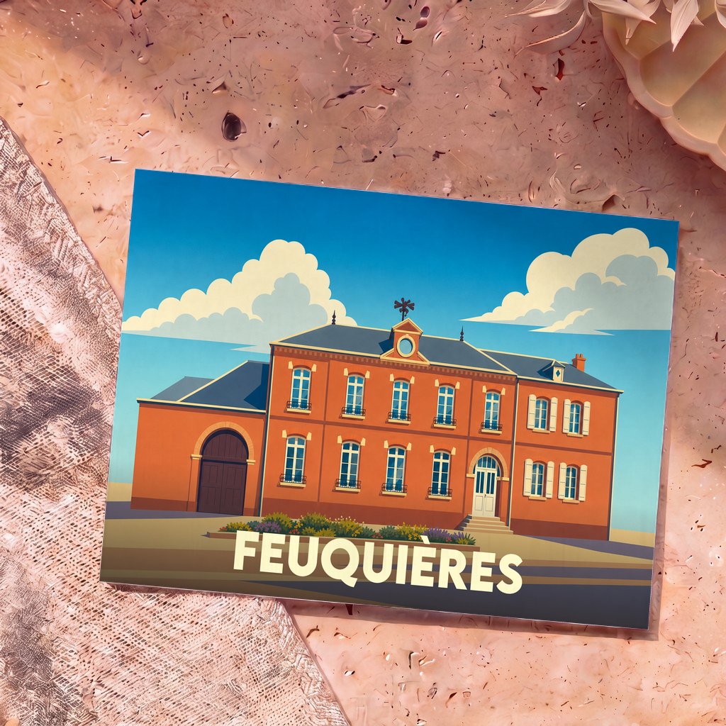 Carte postale souvenir de la ville de Feuquières avec une illustration stylisée de sa mairie.