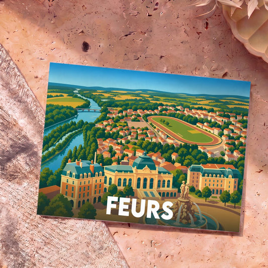 Carte postale souvenir de la ville de Feurs présentant une illustration stylisée et colorée de ses monuments et paysages.