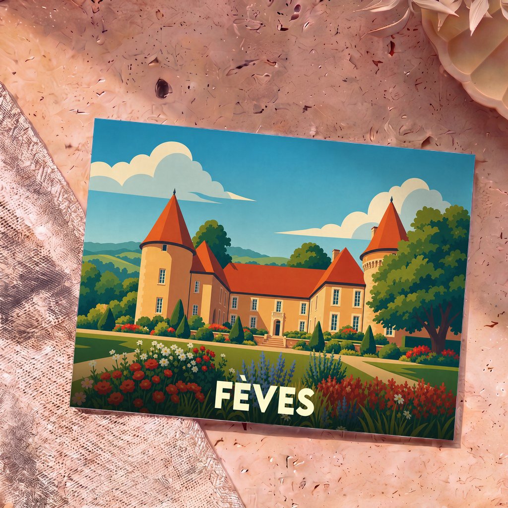 Carte postale souvenir de la ville de Fèves illustrant un château entouré de jardins fleuris dans un style graphique épuré.