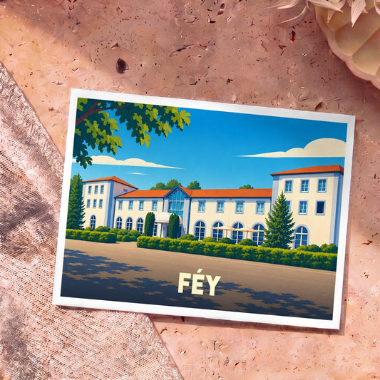 Carte postale souvenir de la ville de Féy avec une illustration stylisée d'un bâtiment élégant sous un ciel bleu.