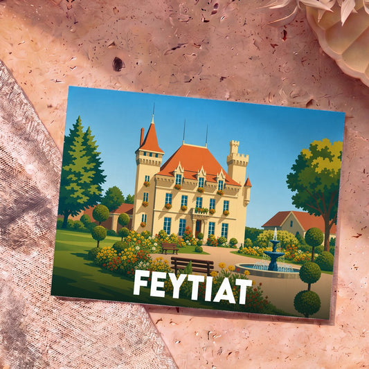 Carte postale souvenir de la ville de Feytiat avec une illustration stylisée d'un château et ses jardins.