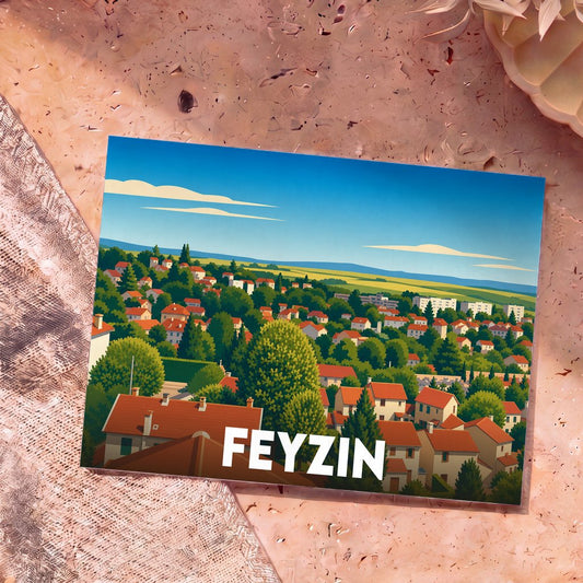Carte postale souvenir de la ville de Feyzin avec une illustration stylisée et colorée de ses habitations.