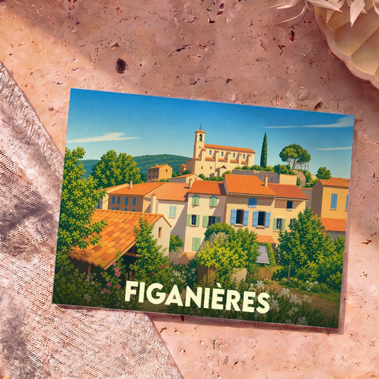 Carte postale souvenir de la ville de Figanières avec une illustration stylisée d'un village provençal.