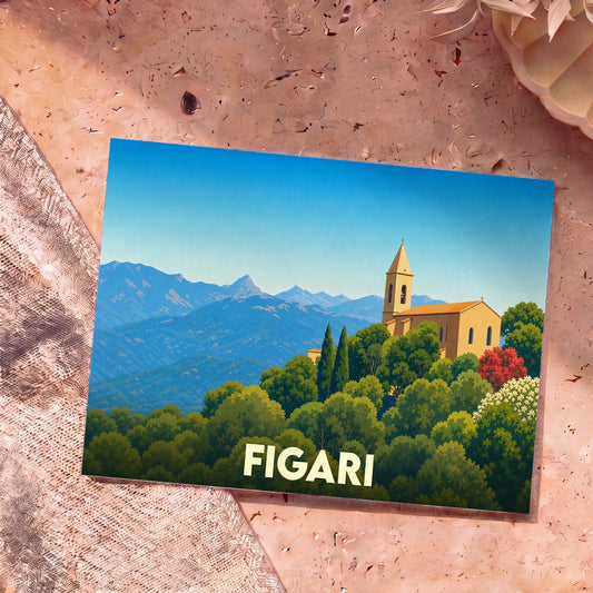 Carte postale souvenir de la ville de Figari avec une illustration stylisée d'une église nichée dans une montagne verdoyante.