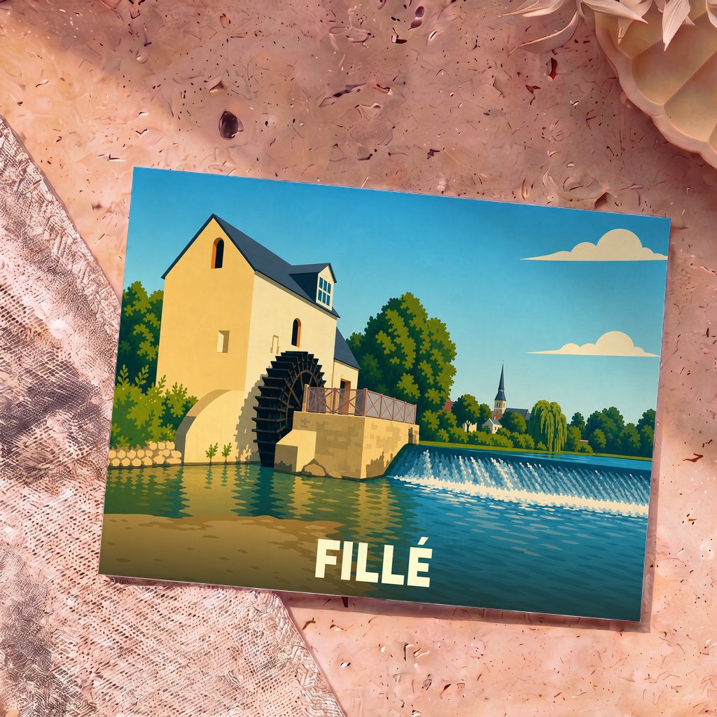 Carte postale souvenir de la ville de Fillé illustrant un moulin à eau au bord d'une rivière dans un style graphique épuré.