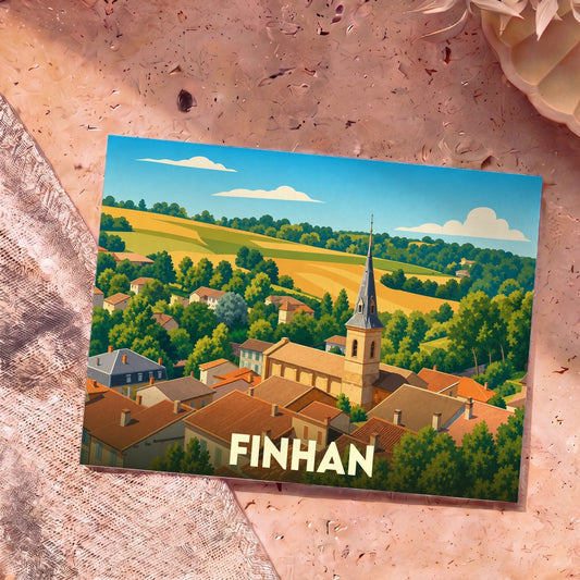 Carte postale souvenir de la ville de Finhan présentant une illustration stylisée de son église et de ses paysages vallonnés.