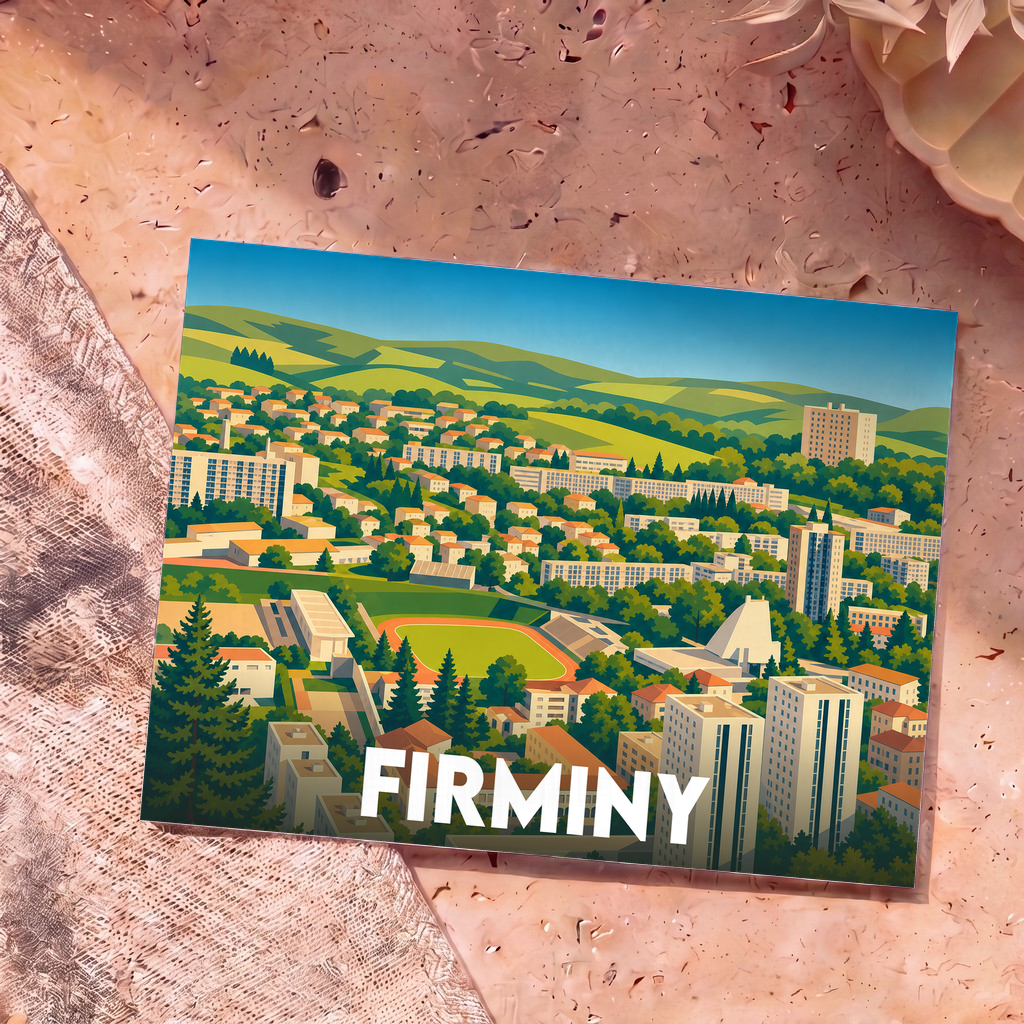Carte postale souvenir de la ville de Firminy avec une illustration stylisée et colorée.