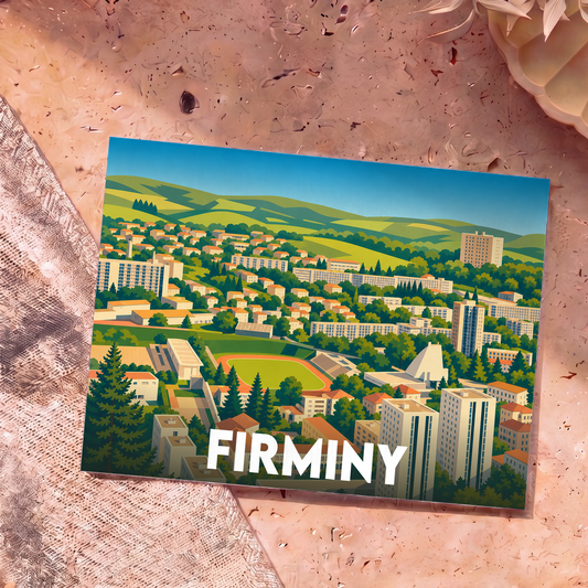 Carte postale souvenir de la ville de Firminy avec une illustration stylisée et colorée.