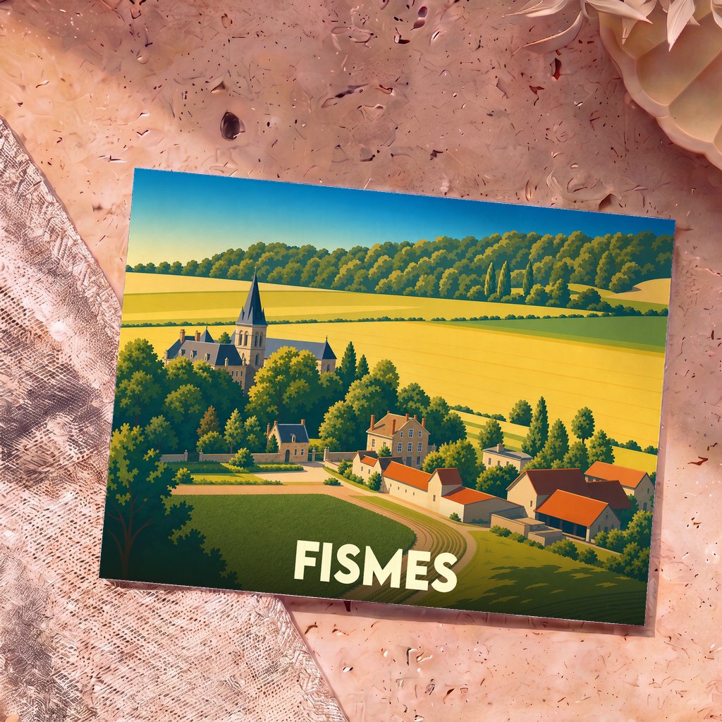 Carte postale souvenir de la ville de Fismes avec une illustration stylisée d'un paysage rural.
