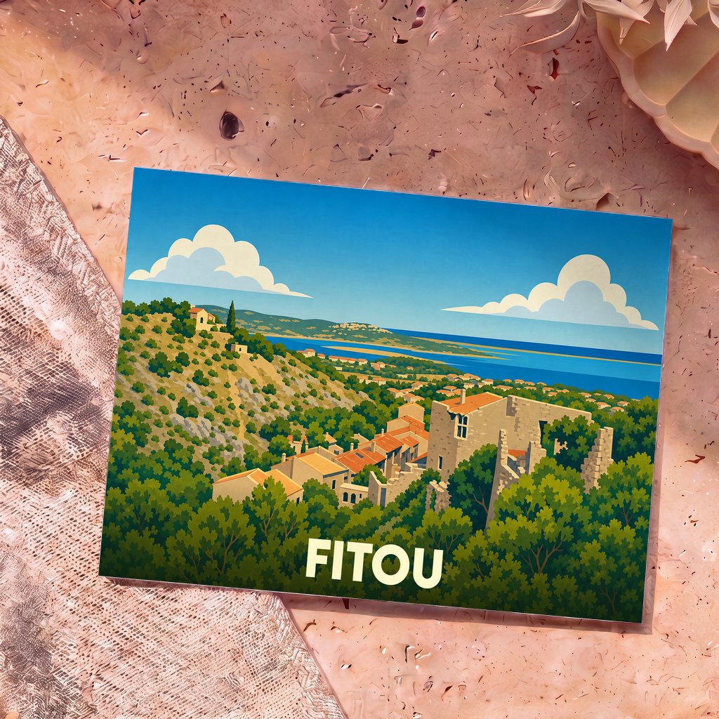 Carte postale souvenir de la ville de Fitou illustrée d'un paysage méditerranéen stylisé.