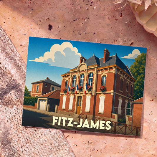 Carte postale souvenir de la ville de Fitz-James illustrant sa mairie dans un style graphique épuré.