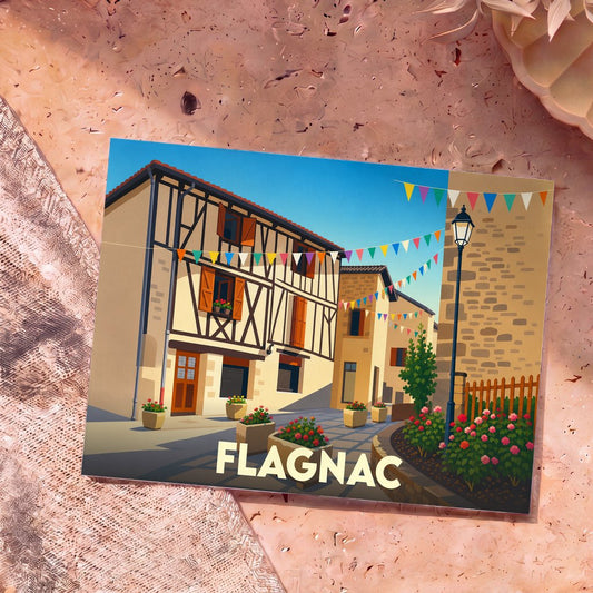 Carte postale souvenir de la ville de Flagnac avec une illustration stylisée d'une rue pittoresque décorée de fanions.