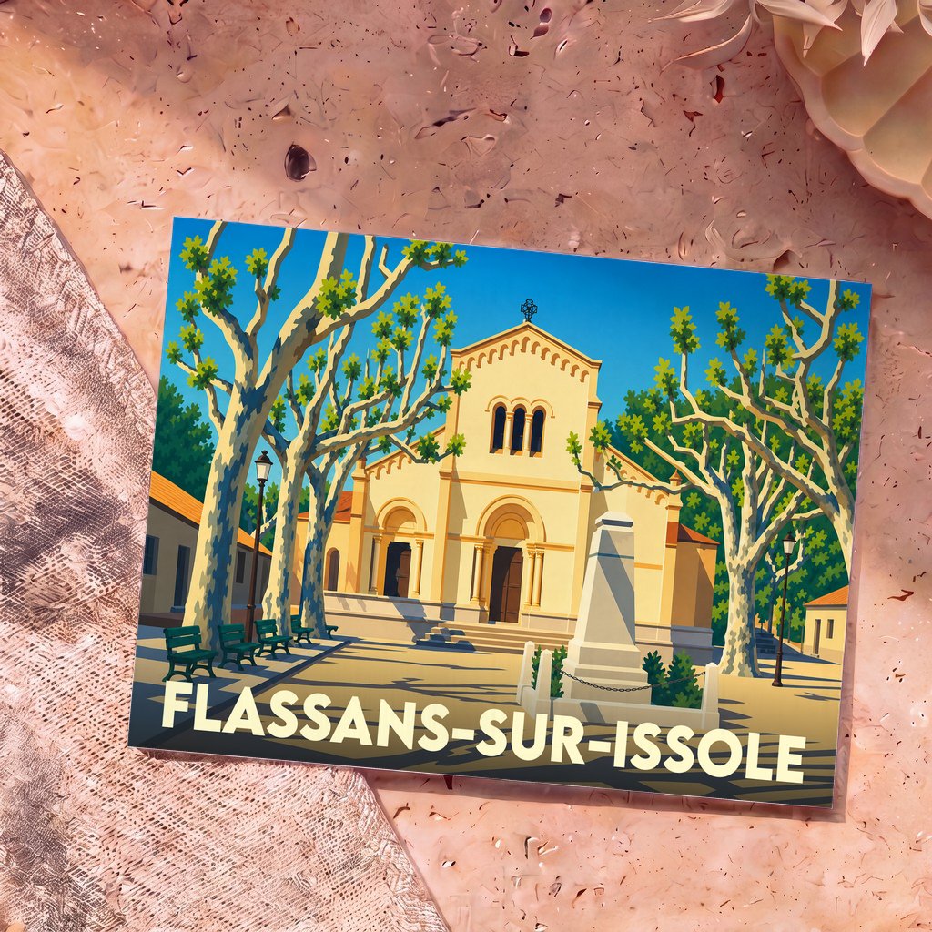 Carte postale souvenir de la ville de Flassans-sur-Issole avec une illustration colorée de sa place principale.