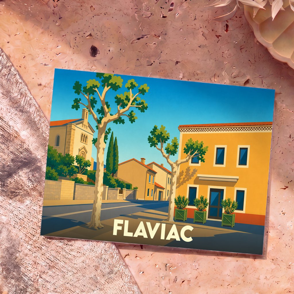 Carte postale souvenir de la ville de Flaviac avec une illustration stylisée et colorée.