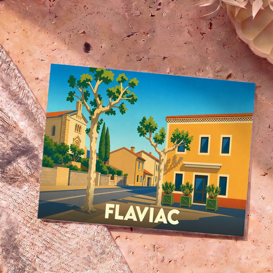 Carte postale souvenir de la ville de Flaviac avec une illustration stylisée et colorée.
