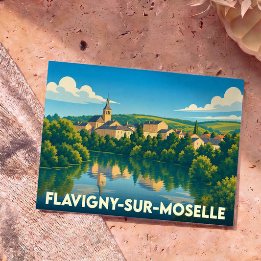 Carte postale souvenir de Flavigny-sur-Moselle présentant une illustration stylisée du village et de son église se reflétant dans la rivière.