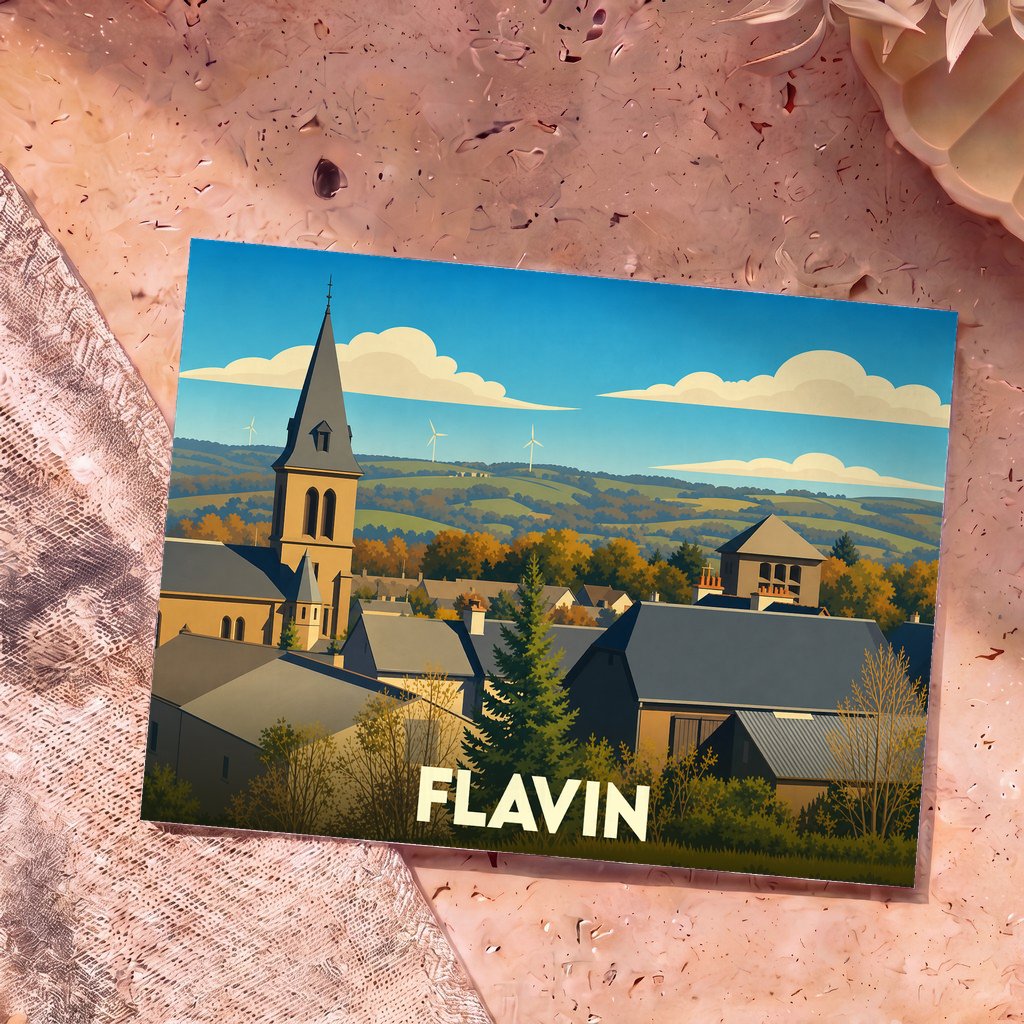 Carte postale souvenir de la ville de Flavin avec une illustration stylisée d'un clocher dominant un paysage vallonné.
