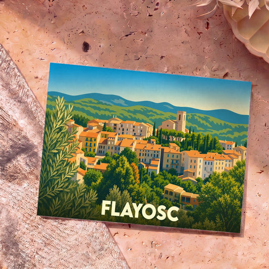Carte postale souvenir de la ville de Flayosc avec une illustration stylisée et colorée de ses paysages provençaux.