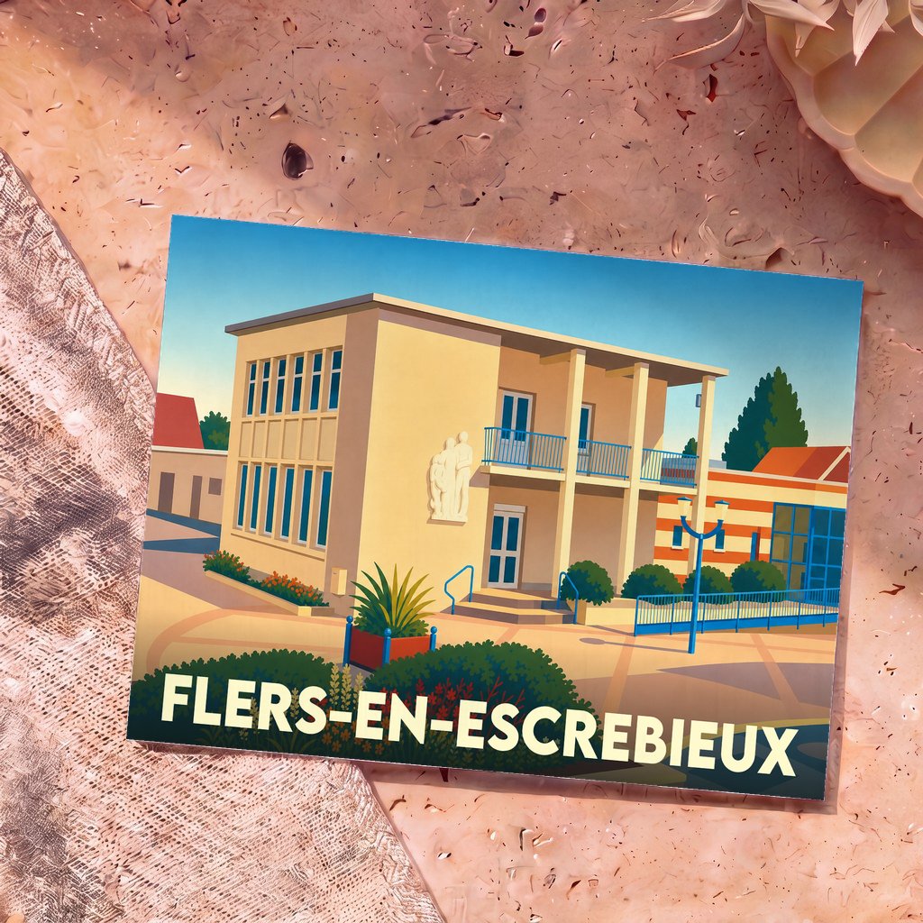 Carte postale souvenir de la ville de Flers-en-Escrebieux avec une illustration stylisée de l'hôtel de ville.