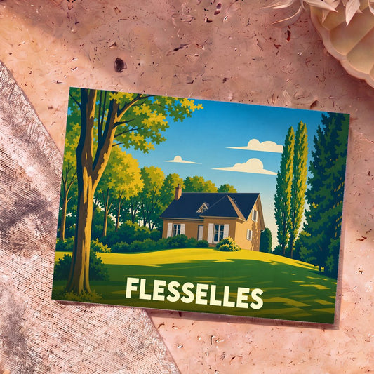 Carte postale souvenir de la ville de Flesselles avec une illustration stylisée d'une maison dans un paysage boisé.