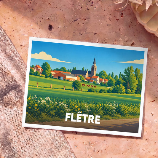 Carte postale souvenir de la ville de Flêtre avec une illustration stylisée d'un paysage rural et de son église.