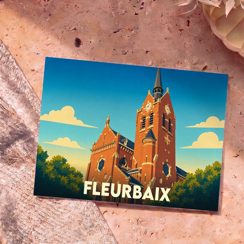 Carte postale souvenir de la ville de Fleurbaix avec une illustration stylisée de son église.