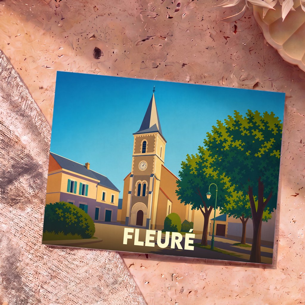 Carte postale souvenir de la ville de Fleuré avec une illustration stylisée de son église et de ses maisons.
