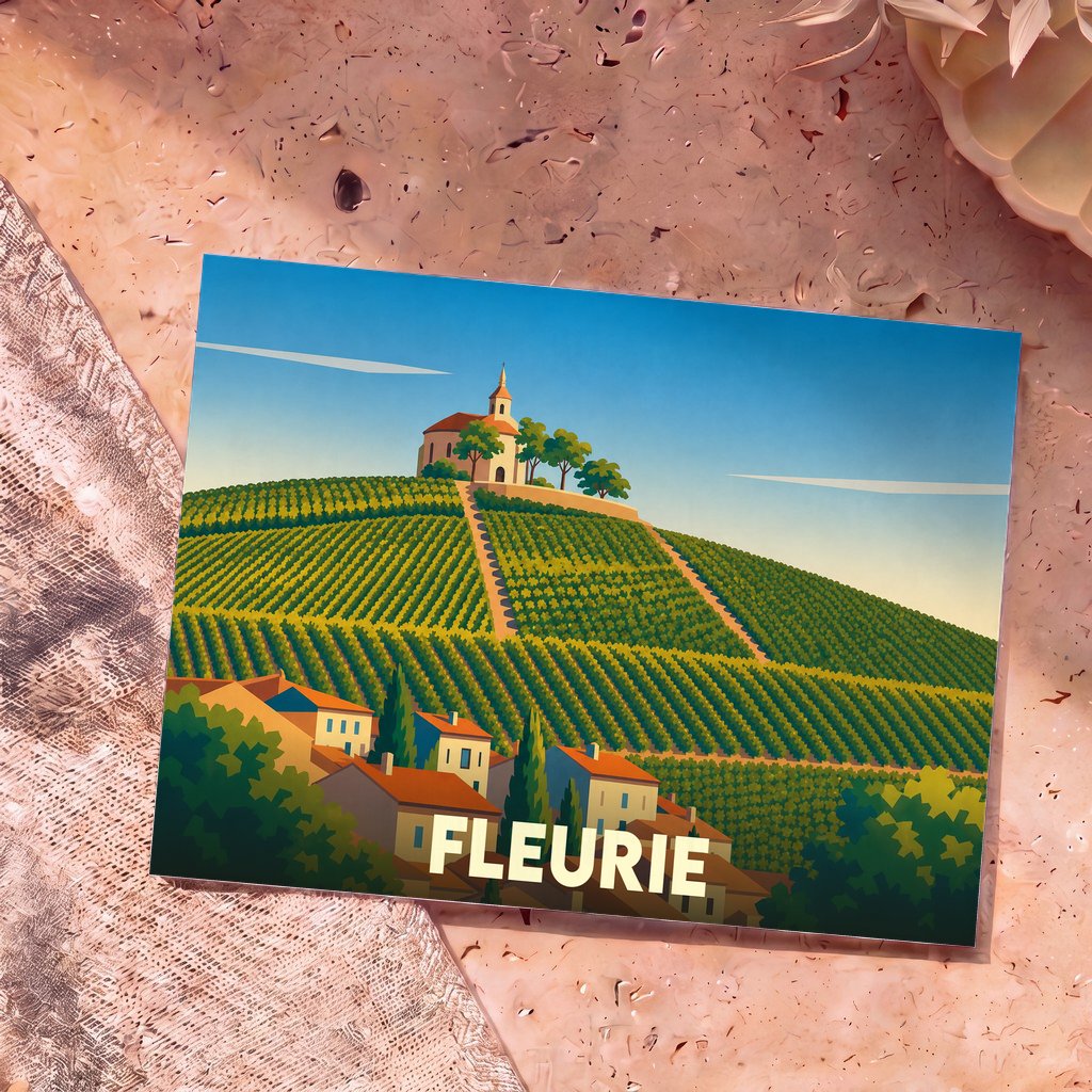 Carte postale souvenir de la ville de Fleurie avec une illustration stylisée de ses vignobles et de sa chapelle.