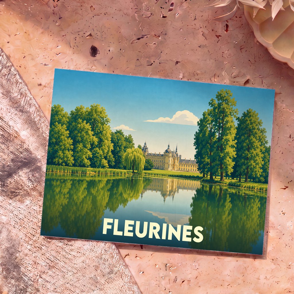 Carte postale souvenir de la ville de Fleurines avec une illustration stylisée d'un château se reflétant dans l'eau.