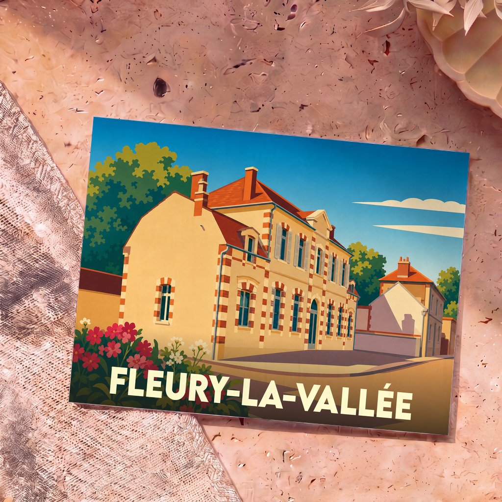 Carte postale souvenir de la ville de Fleury-la-Vallée avec une illustration stylisée d'un bâtiment traditionnel.