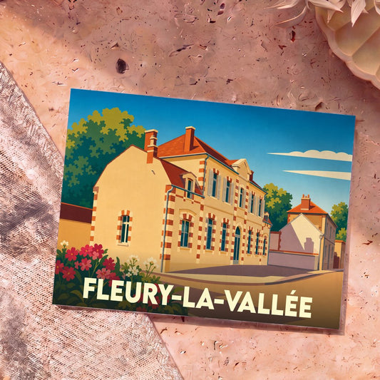 Carte postale souvenir de la ville de Fleury-la-Vallée avec une illustration stylisée d'un bâtiment traditionnel.