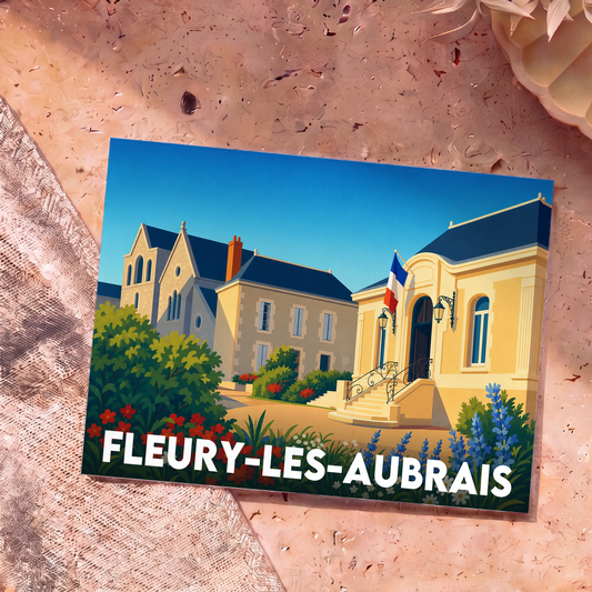Carte postale souvenir de la ville de Fleury-les-Aubrais avec une illustration stylisée de sa mairie et de son église.