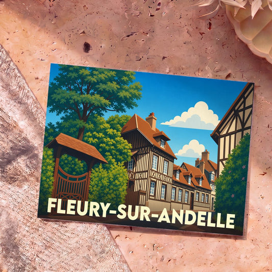 Carte postale souvenir de la ville de Fleury-sur-Andelle avec une illustration stylisée de maisons à colombages.