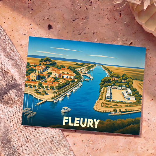 Carte postale souvenir de la ville de Fleury avec une illustration stylisée d'un port de plaisance.