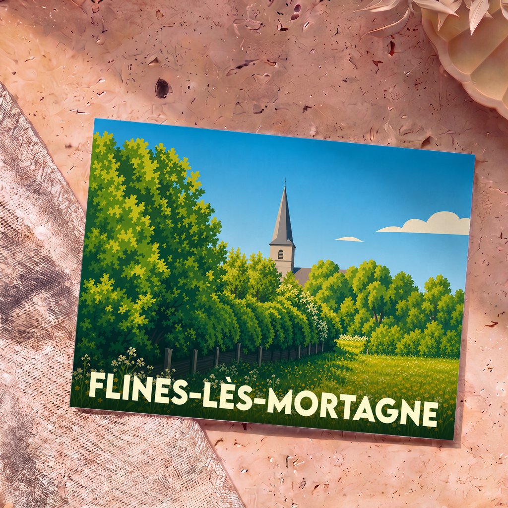 Carte postale souvenir de la ville de Flines-lès-Mortagne avec une illustration bucolique du clocher de l'église émergeant des arbres.