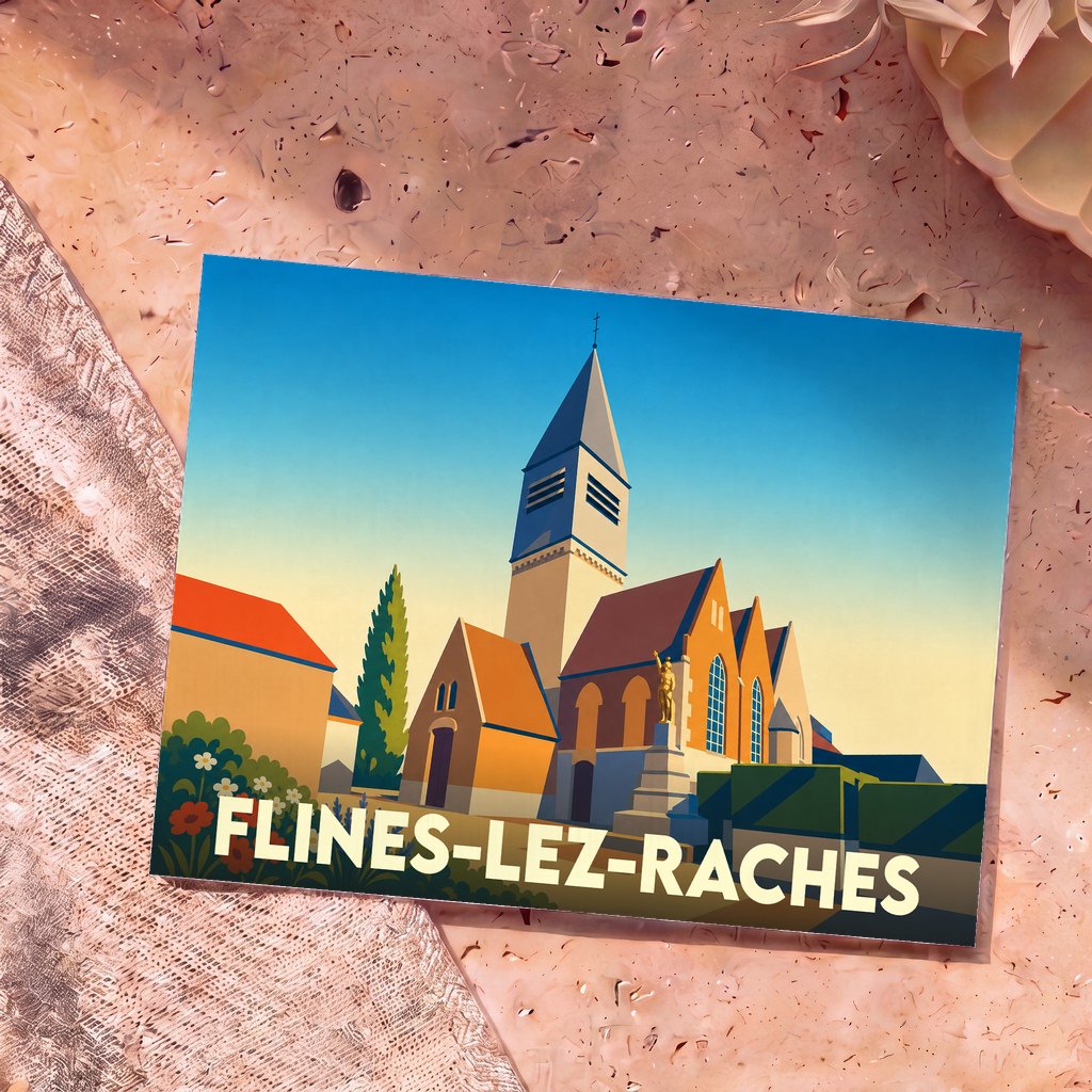 Carte postale souvenir de Flines-lez-Raches illustrant l'église et le monument aux morts dans un style graphique épuré.