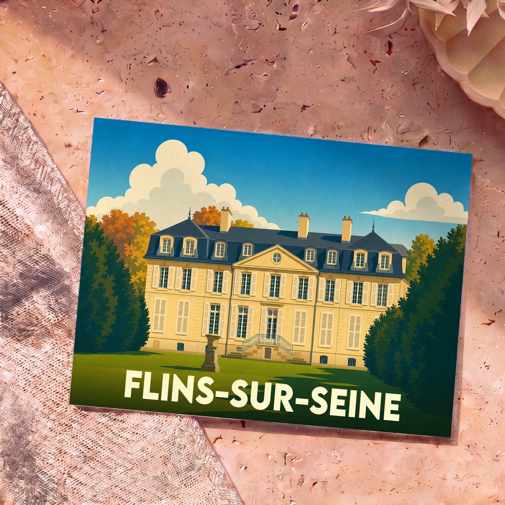 Carte postale souvenir de la ville de Flins-sur-Seine illustrant un château stylisé sous un ciel azur.