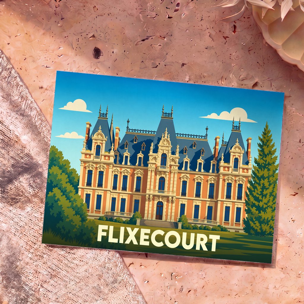 Carte postale souvenir de la ville de Flixecourt représentant son château dans un style graphique coloré.