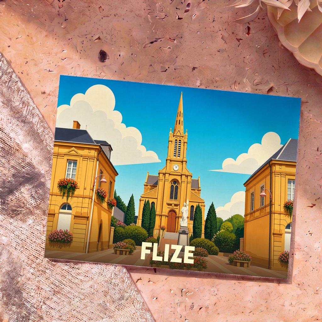 Carte postale souvenir de la ville de Flize avec une illustration stylisée de son église et de ses bâtiments ensoleillés.