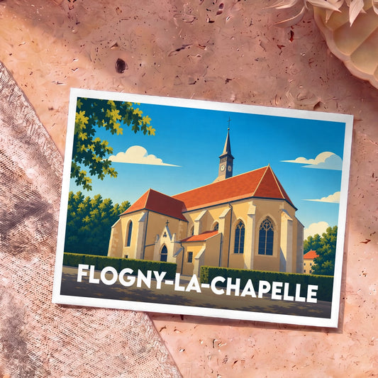 Carte postale souvenir de la ville de Flogny-la-Chapelle illustrant son église avec un style graphique épuré.