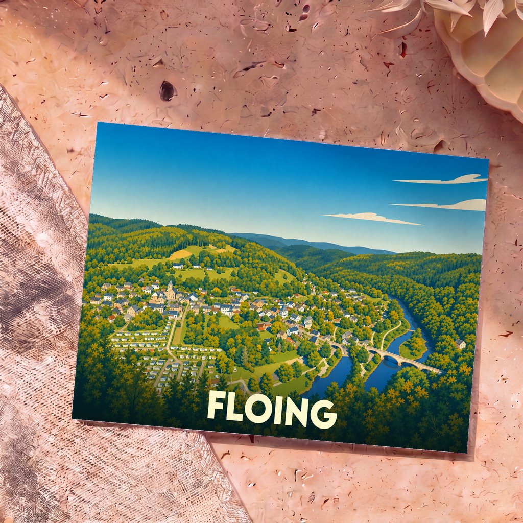 Carte postale souvenir de la ville de Floing avec une illustration stylisée représentant un panorama verdoyant en bord de rivière.