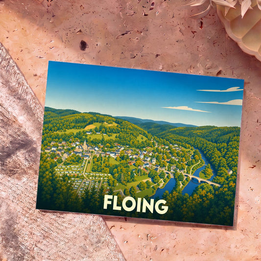Carte postale souvenir de la ville de Floing avec une illustration stylisée représentant un panorama verdoyant en bord de rivière.