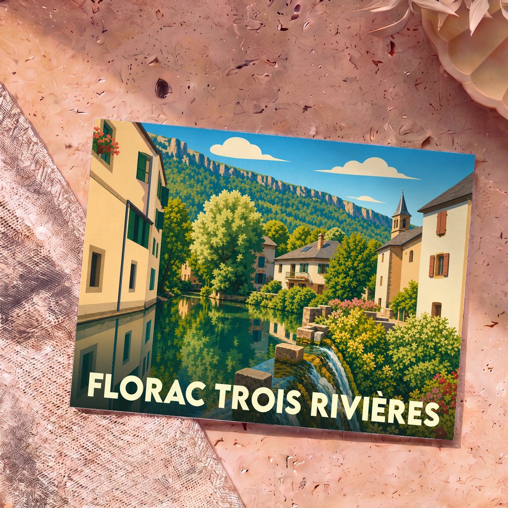 Carte postale souvenir de Florac Trois Rivières illustrée dans un style vintage coloré représentant un village au bord de l'eau.