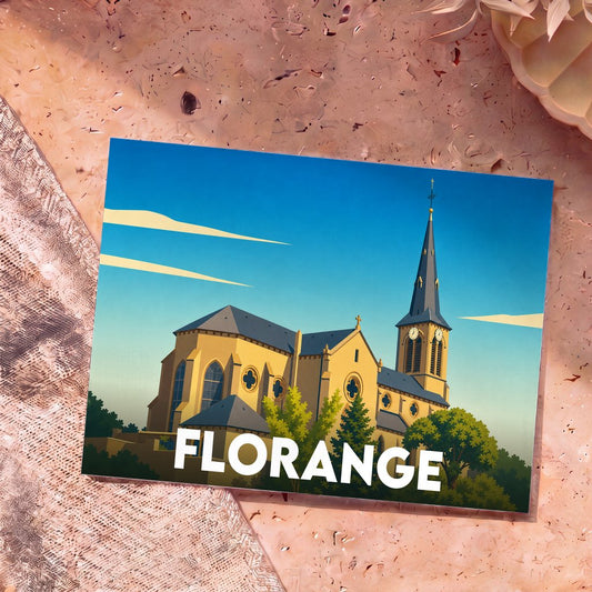 Carte postale souvenir de la ville de Florange avec une illustration stylisée de son église sous un ciel bleu.