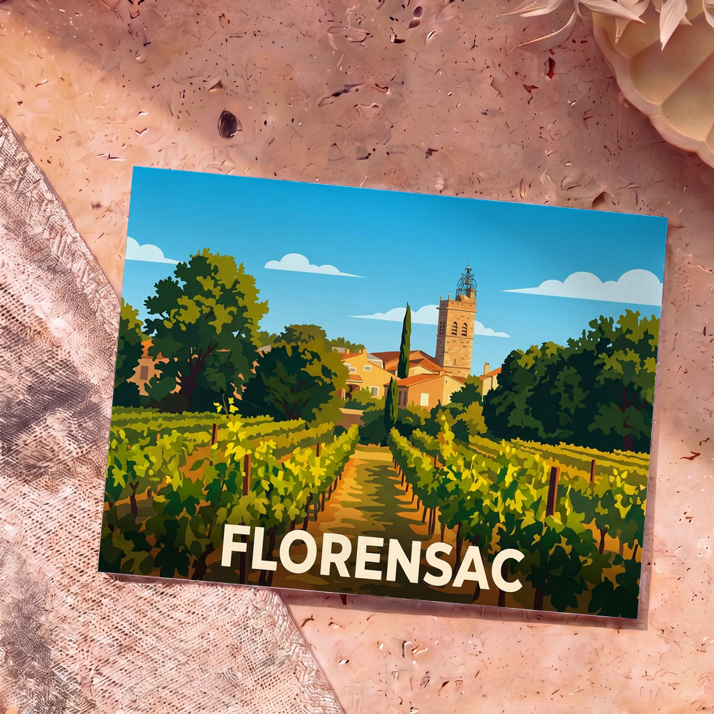Carte postale souvenir de la ville de Florensac avec une illustration stylisée d'un vignoble et de son clocher.